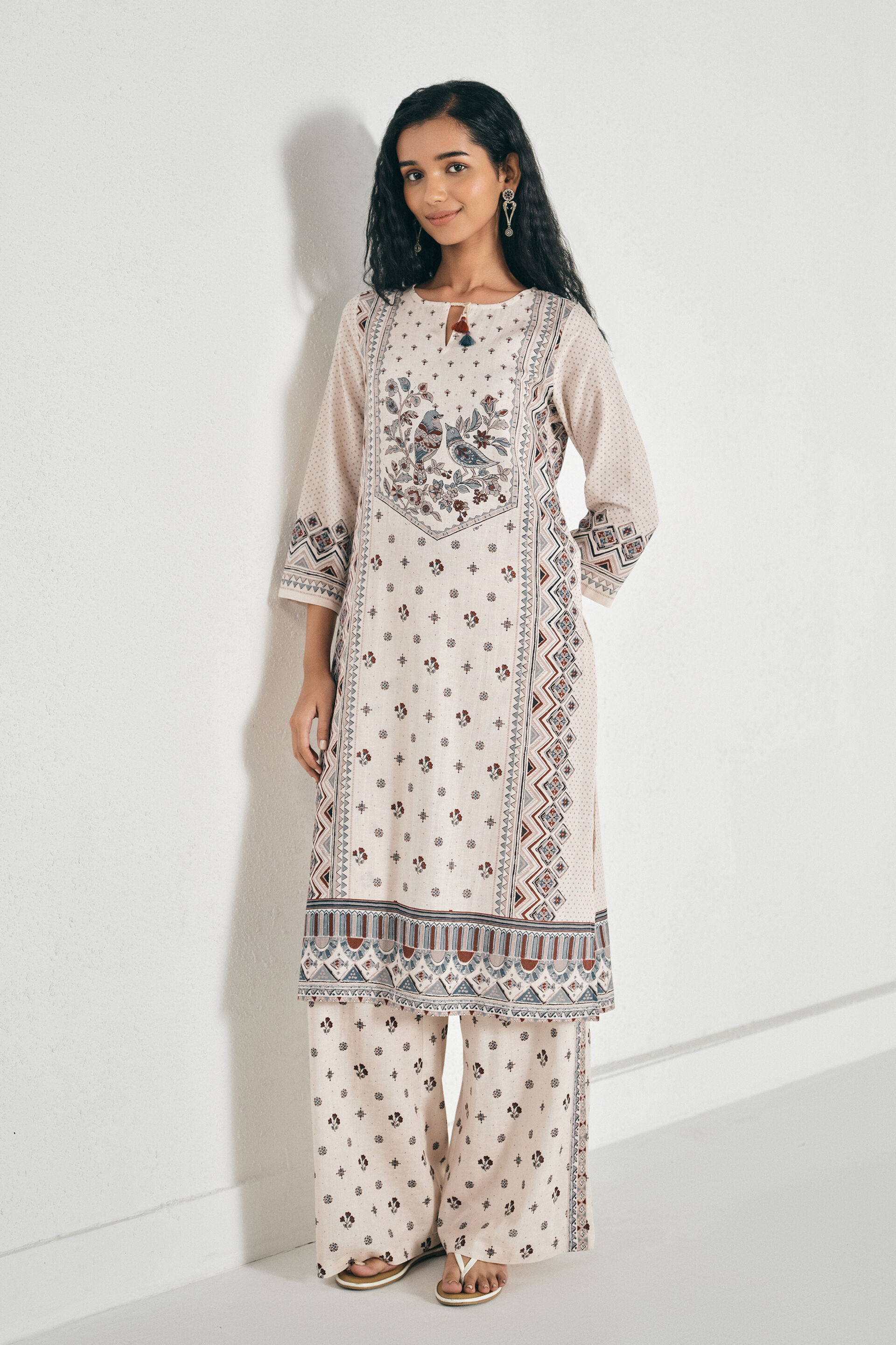 Birdsong Printed Kurta Set, Cream, image 3